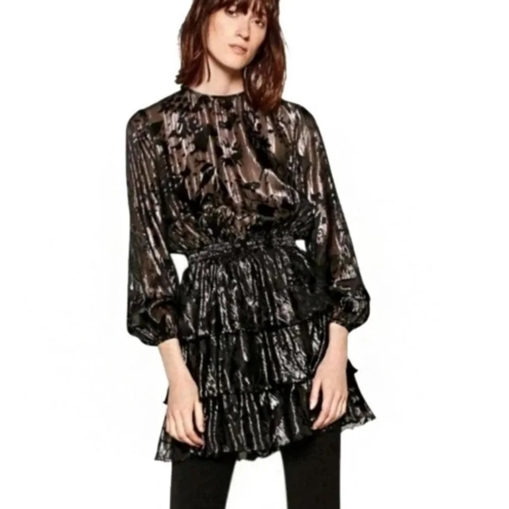 Zara Woman Black Long Sleeve Tiered Mini Dress Size XS